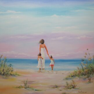 This beach scene painting features soft and warm colors. It depicts the beautiful interaction between a mother and her children. The painting is a lovely piece for anyone who wishes to bring a bit of sunshine and happiness into their home.